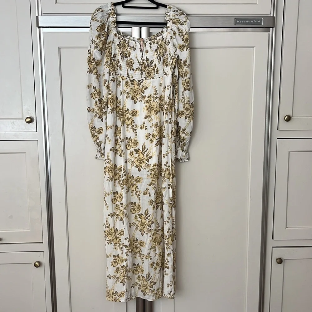 Free People Jaymes Floral Midi Dress in Pastry Cream with balloon sleeves